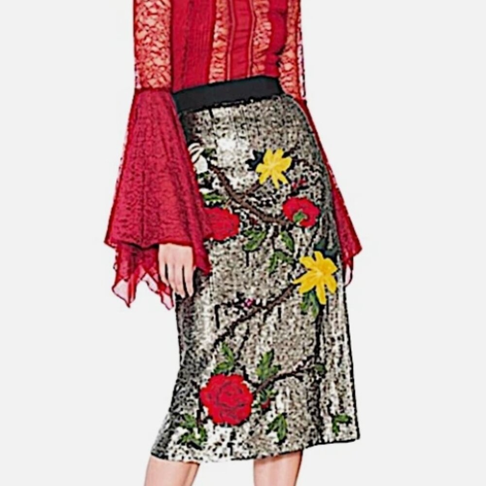 Alice + Olivia Ella Embellished Sequin Floral Midi Skirt XS $795